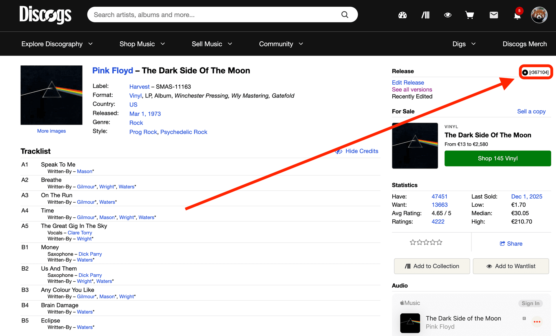 Example showing the location of the Discogs release ID on the page