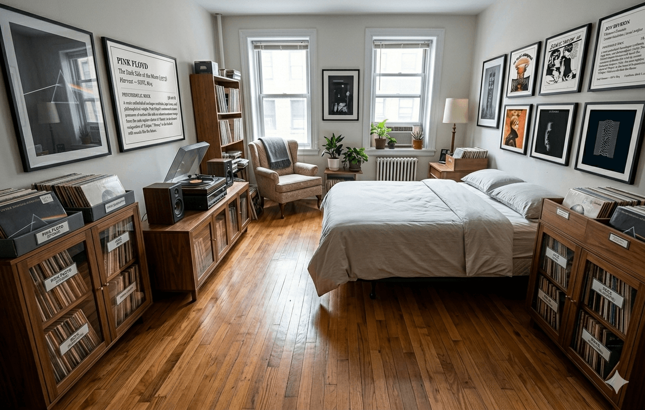 A bedroom record setup with SleekSpin labels