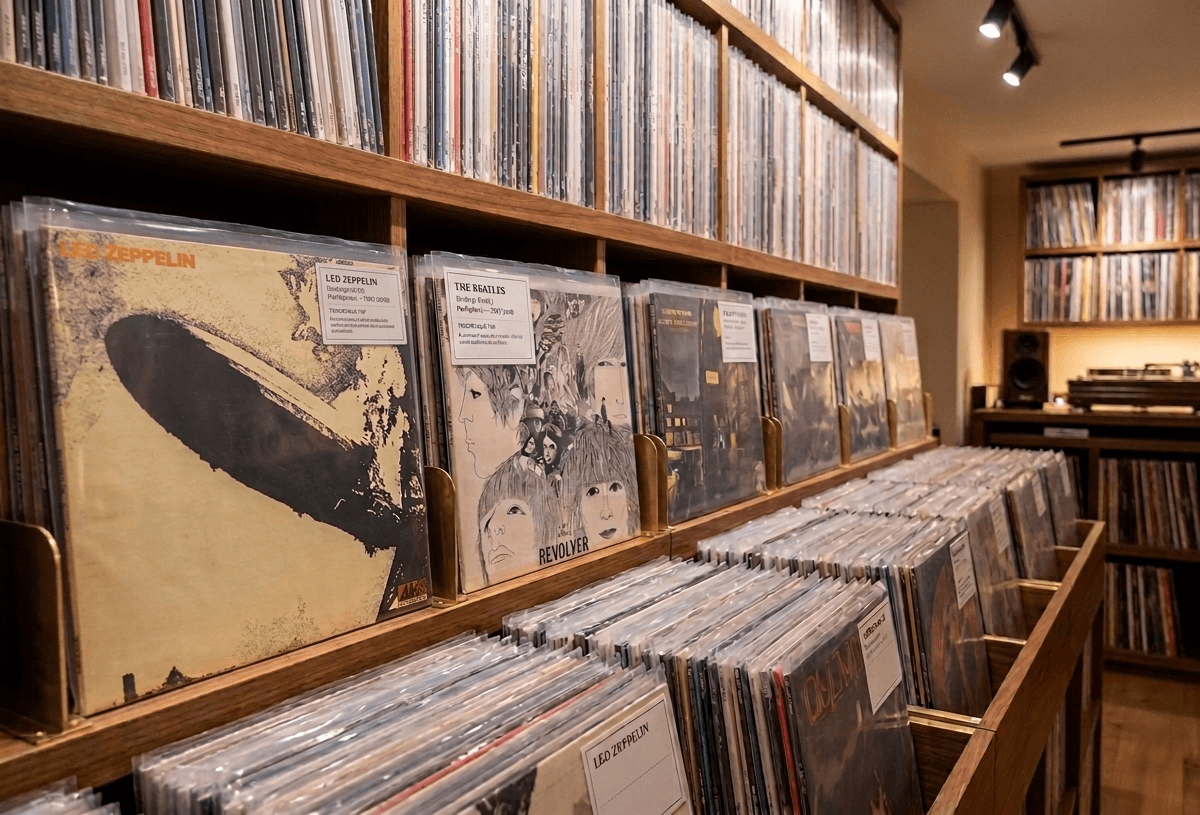 A record shop bin with labeled and priced records
